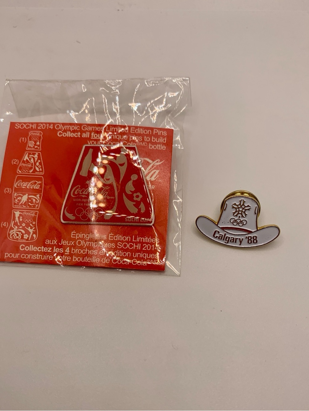 Calgary '88 White Cowboy Hat Olympic Pin and Coca Cola Olympic Pin